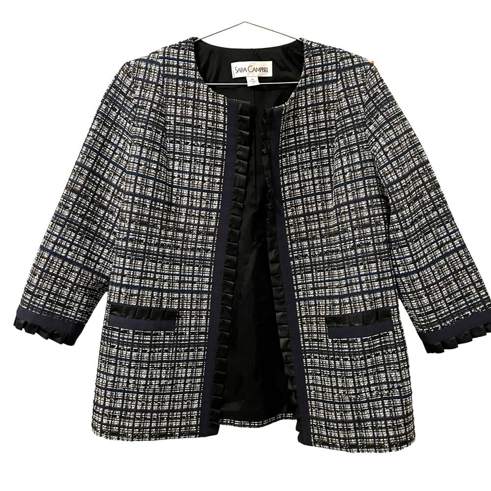 Sara Campbell Women’s Navy Tweed w fuax leather Ruffle Trim Blazer 10